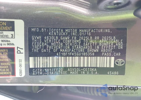 2016 Toyota Camry Se from USA, damaged, VIN 4T1BF1FK5GU185358